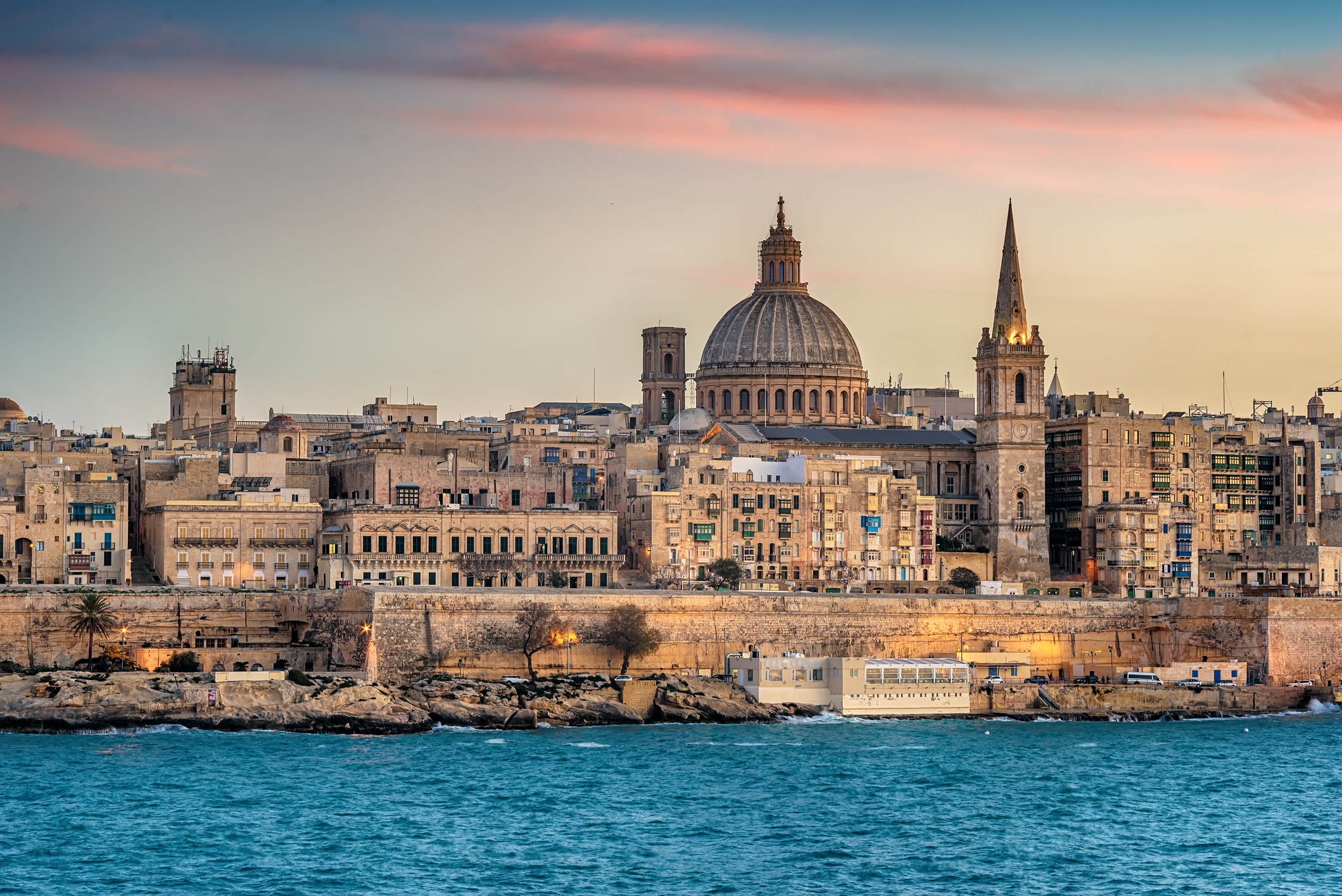 Valletta, Malta: skyline from Marsans Harbour at sunset